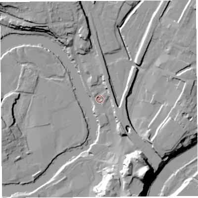 Shaded relief map of the ground around SY12DR, computed from Environment Agency LiDAR. The ground here sits at about 51 m above sea level and falls 33 m across the surrounding 800 m. Surface water reaching this point runs off ground lying to the south-south-east, 30.9 m higher.