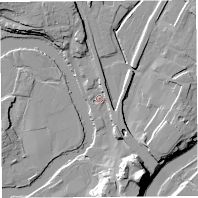Shaded relief map of the ground around SY12DS, computed from Environment Agency LiDAR. The ground here sits at about 52 m above sea level and falls 33 m across the surrounding 800 m. Surface water reaching this point runs off ground lying to the south-south-east, 30.9 m higher.