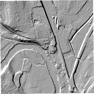 Shaded relief map of the ground around SY12DZ, computed from Environment Agency LiDAR. The ground here sits at about 59 m above sea level and falls 22 m across the surrounding 800 m. Surface water reaching this point runs off ground lying to the north-west, 8.2 m higher.