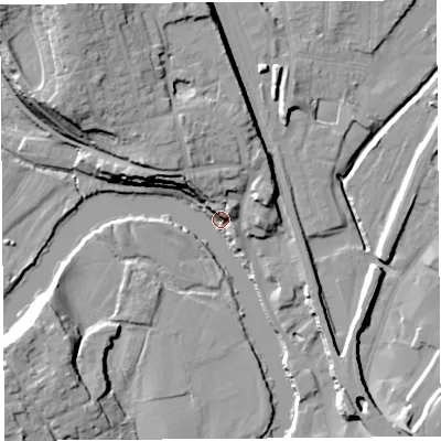 Shaded relief map of the ground around SY12ED, computed from Environment Agency LiDAR. The ground here sits at about 52 m above sea level and falls 22 m across the surrounding 800 m. Surface water reaching this point runs off ground lying to the north-west, 13.9 m higher.