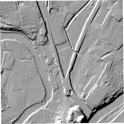Shaded relief map of the ground around SY12EG, computed from Environment Agency LiDAR. The ground here sits at about 52 m above sea level and falls 33 m across the surrounding 800 m. Surface water reaching this point runs off ground lying to the south-south-west, 4.5 m higher.