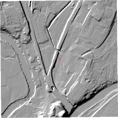 Shaded relief map of the ground around SY12EH, computed from Environment Agency LiDAR. The ground here sits at about 53 m above sea level and falls 33 m across the surrounding 800 m. Surface water reaching this point runs off ground lying to the south-south-east, 10.5 m higher.