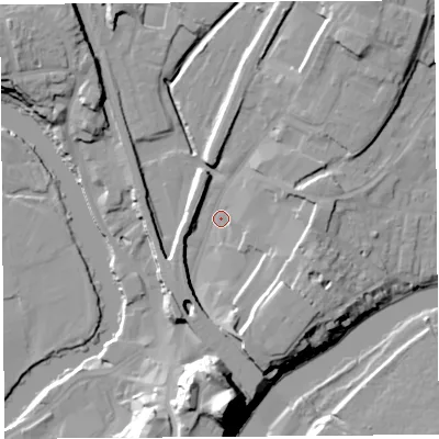 Shaded relief map of the ground around SY12EJ, computed from Environment Agency LiDAR. The ground here sits at about 53 m above sea level and falls 33 m across the surrounding 800 m. Surface water reaching this point runs off ground lying to the south-south-east, 10.4 m higher.