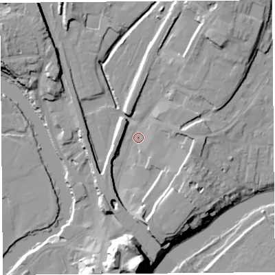 Shaded relief map of the ground around SY12EL, computed from Environment Agency LiDAR. The ground here sits at about 53 m above sea level and falls 33 m across the surrounding 800 m. Surface water reaching this point runs off ground lying to the south-south-east, 10.4 m higher.