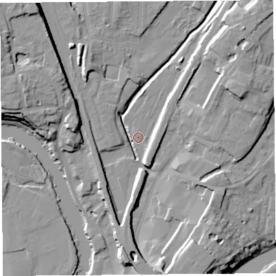 Shaded relief map of the ground around SY12EN, computed from Environment Agency LiDAR. The ground here sits at about 52 m above sea level and falls 16 m across the surrounding 800 m. Surface water reaching this point runs off ground lying to the south-south-east, 5.4 m higher.