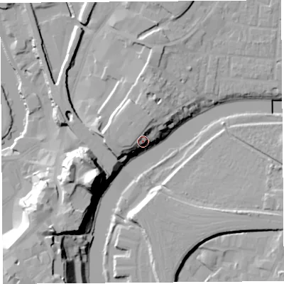 Shaded relief map of the ground around SY12HP, computed from Environment Agency LiDAR. The ground here sits at about 60 m above sea level and falls 35 m across the surrounding 800 m. Surface water reaching this point runs off ground lying to the west-north-west, 6.2 m higher.
