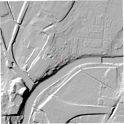 Shaded relief map of the ground around SY12HS, computed from Environment Agency LiDAR. The ground here sits at about 55 m above sea level and falls 35 m across the surrounding 800 m. Surface water reaching this point runs off ground lying to the west, 9.7 m higher.