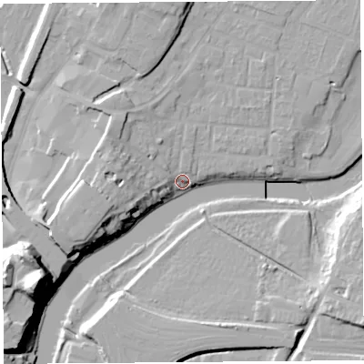 Shaded relief map of the ground around SY12JB, computed from Environment Agency LiDAR. The ground here sits at about 52 m above sea level and falls 35 m across the surrounding 800 m. Surface water reaching this point runs off ground lying to the west-north-west, 11.0 m higher.