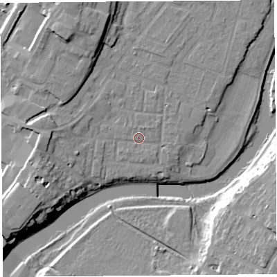 Shaded relief map of the ground around SY12JJ, computed from Environment Agency LiDAR. The ground here sits at about 52 m above sea level and falls 17 m across the surrounding 800 m. Surface water reaching this point runs off ground lying to the west-south-west, 7.6 m higher.