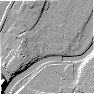 Shaded relief map of the ground around SY12JN, computed from Environment Agency LiDAR. The ground here sits at about 53 m above sea level and falls 35 m across the surrounding 800 m. Surface water reaching this point runs off ground lying to the west-north-west, 1.5 m higher.