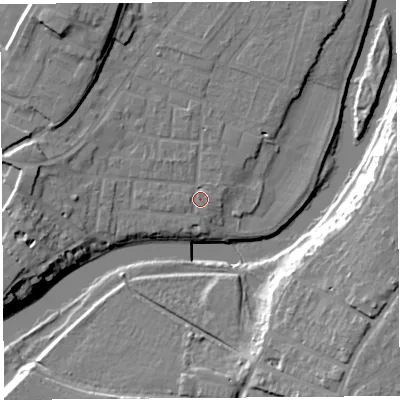 Shaded relief map of the ground around SY12JR, computed from Environment Agency LiDAR. The ground here sits at about 52 m above sea level and falls 18 m across the surrounding 800 m. Surface water reaching this point runs off ground lying to the west, 8.5 m higher.