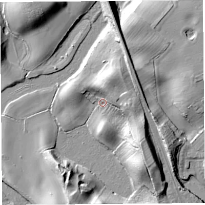 Shaded relief map of the ground around SY12PE, computed from Environment Agency LiDAR. The ground here sits at about 54 m above sea level and falls 19 m across the surrounding 800 m. Surface water reaching this point runs off ground lying to the east-north-east, 12.0 m higher.