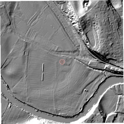 Shaded relief map of the ground around SY12PF, computed from Environment Agency LiDAR. The ground here sits at about 51 m above sea level and falls 24 m across the surrounding 800 m. Surface water reaching this point runs off ground lying to the west-north-west, 1.0 m higher.