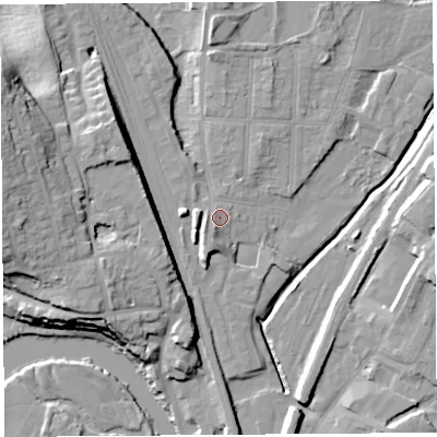 Shaded relief map of the ground around SY12PJ, computed from Environment Agency LiDAR. The ground here sits at about 54 m above sea level and falls 22 m across the surrounding 800 m. Surface water reaching this point runs off ground lying to the south-south-west, 3.6 m higher.