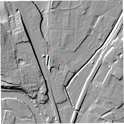 Shaded relief map of the ground around SY12PL, computed from Environment Agency LiDAR. The ground here sits at about 53 m above sea level and falls 20 m across the surrounding 800 m. Surface water reaching this point runs off ground lying to the west-south-west, 6.5 m higher.