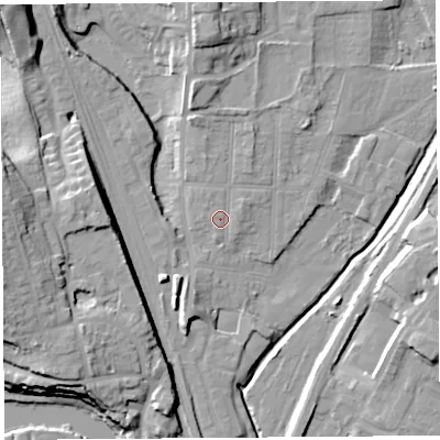 Shaded relief map of the ground around SY12PZ, computed from Environment Agency LiDAR. The ground here sits at about 54 m above sea level and falls 20 m across the surrounding 800 m. Surface water reaching this point runs off ground lying to the north-north-west, 0.9 m higher.
