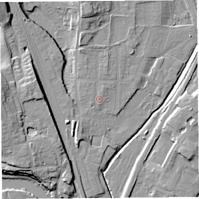 Shaded relief map of the ground around SY12QA, computed from Environment Agency LiDAR. The ground here sits at about 54 m above sea level and falls 19 m across the surrounding 800 m. Surface water reaching this point runs off ground lying to the north-west, 1.0 m higher.