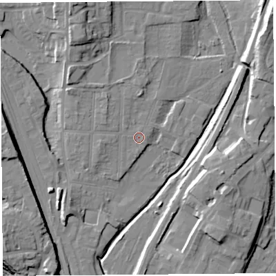 Shaded relief map of the ground around SY12QL, computed from Environment Agency LiDAR. The ground here sits at about 53 m above sea level and falls 17 m across the surrounding 800 m. Surface water reaching this point runs off ground lying to the north-west, 3.1 m higher.