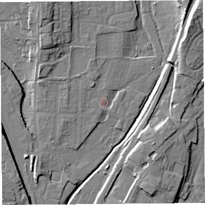 Shaded relief map of the ground around SY12QN, computed from Environment Agency LiDAR. The ground here sits at about 53 m above sea level and falls 16 m across the surrounding 800 m. Surface water reaching this point runs off ground lying to the west-north-west, 4.8 m higher.