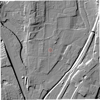 Shaded relief map of the ground around SY12QQ, computed from Environment Agency LiDAR. The ground here sits at about 54 m above sea level and falls 15 m across the surrounding 800 m. Surface water reaching this point runs off ground lying to the north-west, 1.7 m higher.