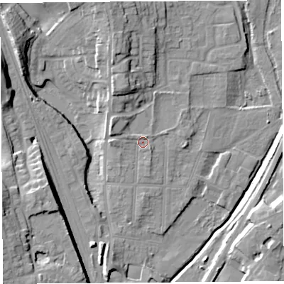 Shaded relief map of the ground around SY12QS, computed from Environment Agency LiDAR. The ground here sits at about 55 m above sea level and falls 17 m across the surrounding 800 m. Surface water reaching this point runs off ground lying to the north-west, 3.6 m higher.