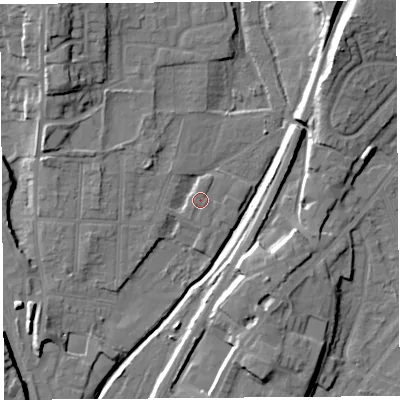 Shaded relief map of the ground around SY12RH, computed from Environment Agency LiDAR. The ground here sits at about 53 m above sea level and falls 16 m across the surrounding 800 m. Surface water reaching this point runs off ground lying to the north-north-east, 1.0 m higher.