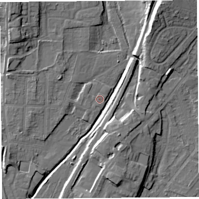 Shaded relief map of the ground around SY12RL, computed from Environment Agency LiDAR. The ground here sits at about 52 m above sea level and falls 16 m across the surrounding 800 m. Surface water reaching this point runs off ground lying to the north-west, 1.0 m higher.