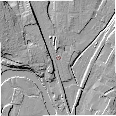 Shaded relief map of the ground around SY12RN, computed from Environment Agency LiDAR. The ground here sits at about 54 m above sea level and falls 23 m across the surrounding 800 m. Surface water reaching this point runs off ground lying to the north-west, 17.2 m higher.