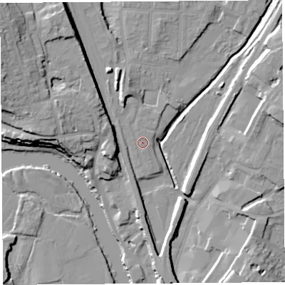 Shaded relief map of the ground around SY12RP, computed from Environment Agency LiDAR. The ground here sits at about 54 m above sea level and falls 20 m across the surrounding 800 m. Surface water reaching this point runs off ground lying to the north-west, 15.2 m higher.
