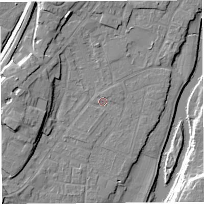Shaded relief map of the ground around SY12SN, computed from Environment Agency LiDAR. The ground here sits at about 52 m above sea level and falls 16 m across the surrounding 800 m. Surface water reaching this point runs off ground lying to the west-north-west, 10.0 m higher.