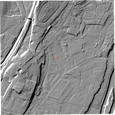 Shaded relief map of the ground around SY12SR, computed from Environment Agency LiDAR. The ground here sits at about 52 m above sea level and falls 18 m across the surrounding 800 m. Surface water reaching this point runs off ground lying to the north-north-west, 11.9 m higher.