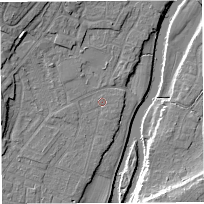 Shaded relief map of the ground around SY12TN, computed from Environment Agency LiDAR. The ground here sits at about 51 m above sea level and falls 15 m across the surrounding 800 m. Surface water reaching this point runs off ground lying to the north-west, 10.0 m higher.