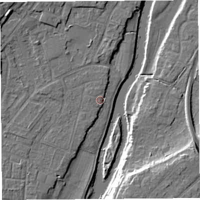Shaded relief map of the ground around SY12TP, computed from Environment Agency LiDAR. The ground here sits at about 51 m above sea level and falls 16 m across the surrounding 800 m. Surface water reaching this point runs off ground lying to the north-north-west, 0.6 m higher.