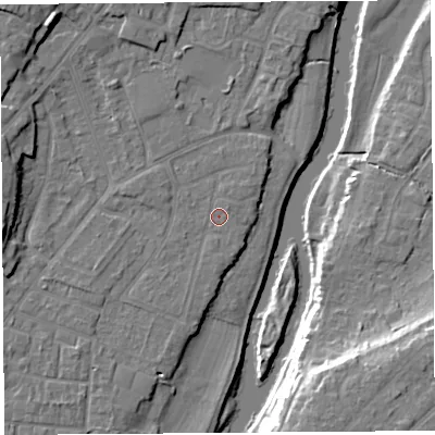 Shaded relief map of the ground around SY12TR, computed from Environment Agency LiDAR. The ground here sits at about 52 m above sea level and falls 16 m across the surrounding 800 m. Surface water reaching this point runs off ground lying to the west-south-west, 1.5 m higher.