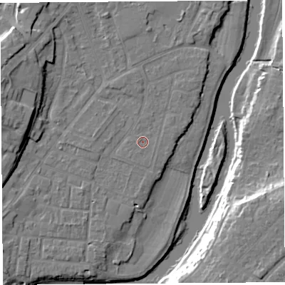 Shaded relief map of the ground around SY12TX, computed from Environment Agency LiDAR. The ground here sits at about 52 m above sea level and falls 17 m across the surrounding 800 m. The ground contributing surface water to this point lies to the south-west.