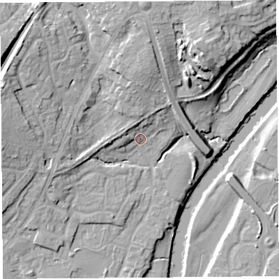 Shaded relief map of the ground around SY12UB, computed from Environment Agency LiDAR. The ground here sits at about 52 m above sea level and falls 20 m across the surrounding 800 m. Surface water reaching this point runs off ground lying to the north, 9.5 m higher.