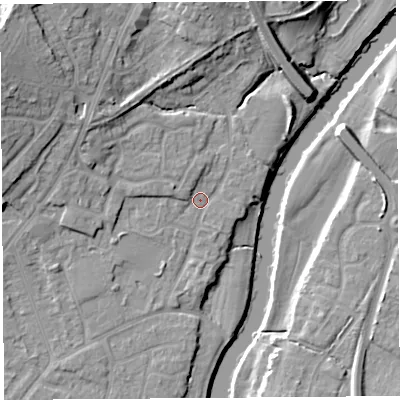 Shaded relief map of the ground around SY12UG, computed from Environment Agency LiDAR. The ground here sits at about 51 m above sea level and falls 18 m across the surrounding 800 m. Surface water reaching this point runs off ground lying to the north-west, 6.2 m higher.