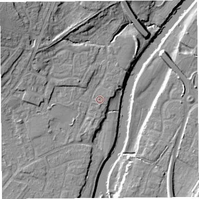 Shaded relief map of the ground around SY12UH, computed from Environment Agency LiDAR. The ground here sits at about 51 m above sea level and falls 17 m across the surrounding 800 m. Surface water reaching this point runs off ground lying to the south, 0.6 m higher.