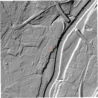 Shaded relief map of the ground around SY12UJ, computed from Environment Agency LiDAR. The ground here sits at about 51 m above sea level and falls 17 m across the surrounding 800 m. Surface water reaching this point runs off ground lying to the east-north-east, 0.7 m higher.