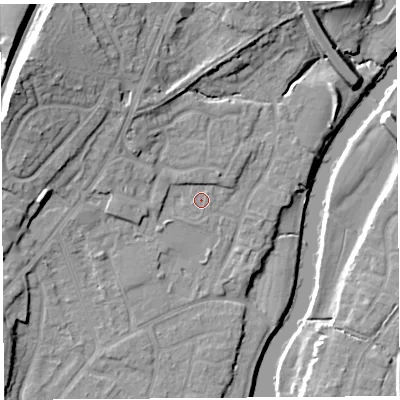Shaded relief map of the ground around SY12UN, computed from Environment Agency LiDAR. The ground here sits at about 52 m above sea level and falls 20 m across the surrounding 800 m. Surface water reaching this point runs off ground lying to the north-north-west, 5.8 m higher.