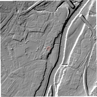 Shaded relief map of the ground around SY12UQ, computed from Environment Agency LiDAR. The ground here sits at about 51 m above sea level and falls 17 m across the surrounding 800 m. Surface water reaching this point runs off ground lying to the south-south-west, 1.3 m higher.