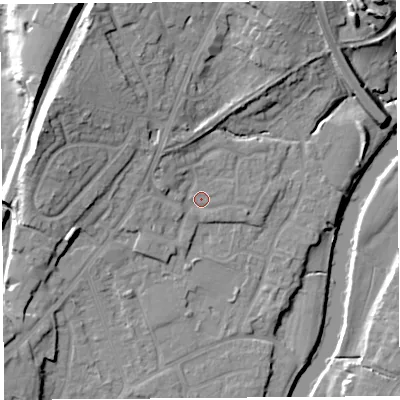 Shaded relief map of the ground around SY12UR, computed from Environment Agency LiDAR. The ground here sits at about 53 m above sea level and falls 19 m across the surrounding 800 m. Surface water reaching this point runs off ground lying to the north-north-west, 4.8 m higher.