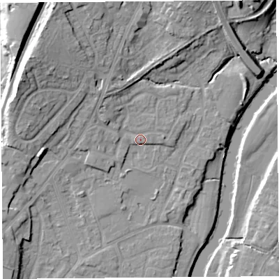 Shaded relief map of the ground around SY12US, computed from Environment Agency LiDAR. The ground here sits at about 53 m above sea level and falls 20 m across the surrounding 800 m. Surface water reaching this point runs off ground lying to the north-north-west, 5.8 m higher.