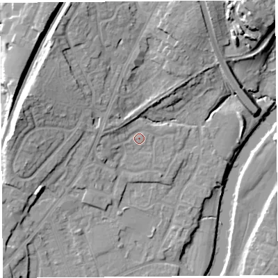 Shaded relief map of the ground around SY12UT, computed from Environment Agency LiDAR. The ground here sits at about 53 m above sea level and falls 20 m across the surrounding 800 m. Surface water reaching this point runs off ground lying to the west-north-west, 4.1 m higher.