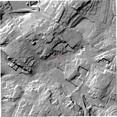 Shaded relief map of the ground around SY131AA, computed from Environment Agency LiDAR. The ground here sits at about 94 m above sea level and falls 20 m across the surrounding 800 m. Surface water reaching this point runs off ground lying to the north-north-east, 16.6 m higher.
