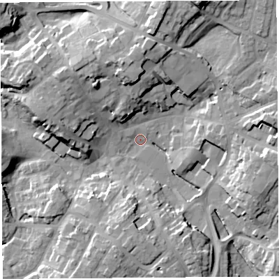 Shaded relief map of the ground around SY131AF, computed from Environment Agency LiDAR. The ground here sits at about 93 m above sea level and falls 20 m across the surrounding 800 m. Surface water reaching this point runs off ground lying to the north-north-east, 18.9 m higher.