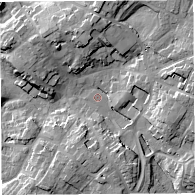 Shaded relief map of the ground around SY131BA, computed from Environment Agency LiDAR. The ground here sits at about 93 m above sea level and falls 17 m across the surrounding 800 m. Surface water reaching this point runs off ground lying to the east, 14.2 m higher.