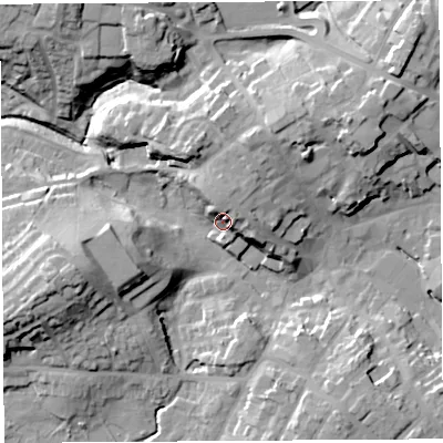 Shaded relief map of the ground around SY131BF, computed from Environment Agency LiDAR. The ground here sits at about 96 m above sea level and falls 22 m across the surrounding 800 m. Surface water reaching this point runs off ground lying to the west-south-west, 17.3 m higher.
