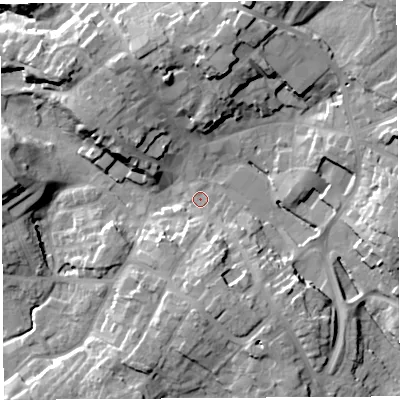 Shaded relief map of the ground around SY131DP, computed from Environment Agency LiDAR. The ground here sits at about 93 m above sea level and falls 18 m across the surrounding 800 m. Surface water reaching this point runs off ground lying to the north-north-east, 16.0 m higher.