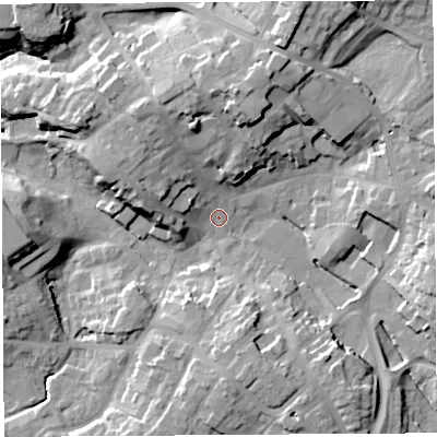 Shaded relief map of the ground around SY131DW, computed from Environment Agency LiDAR. The ground here sits at about 94 m above sea level and falls 21 m across the surrounding 800 m. Surface water reaching this point runs off ground lying to the north-north-west, 11.6 m higher.